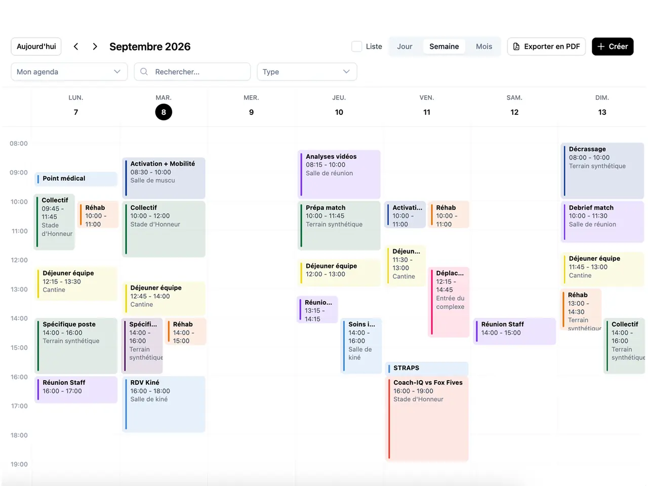 Capture du calendrier Coach-IQ montrant les séances et rendez-vous du club