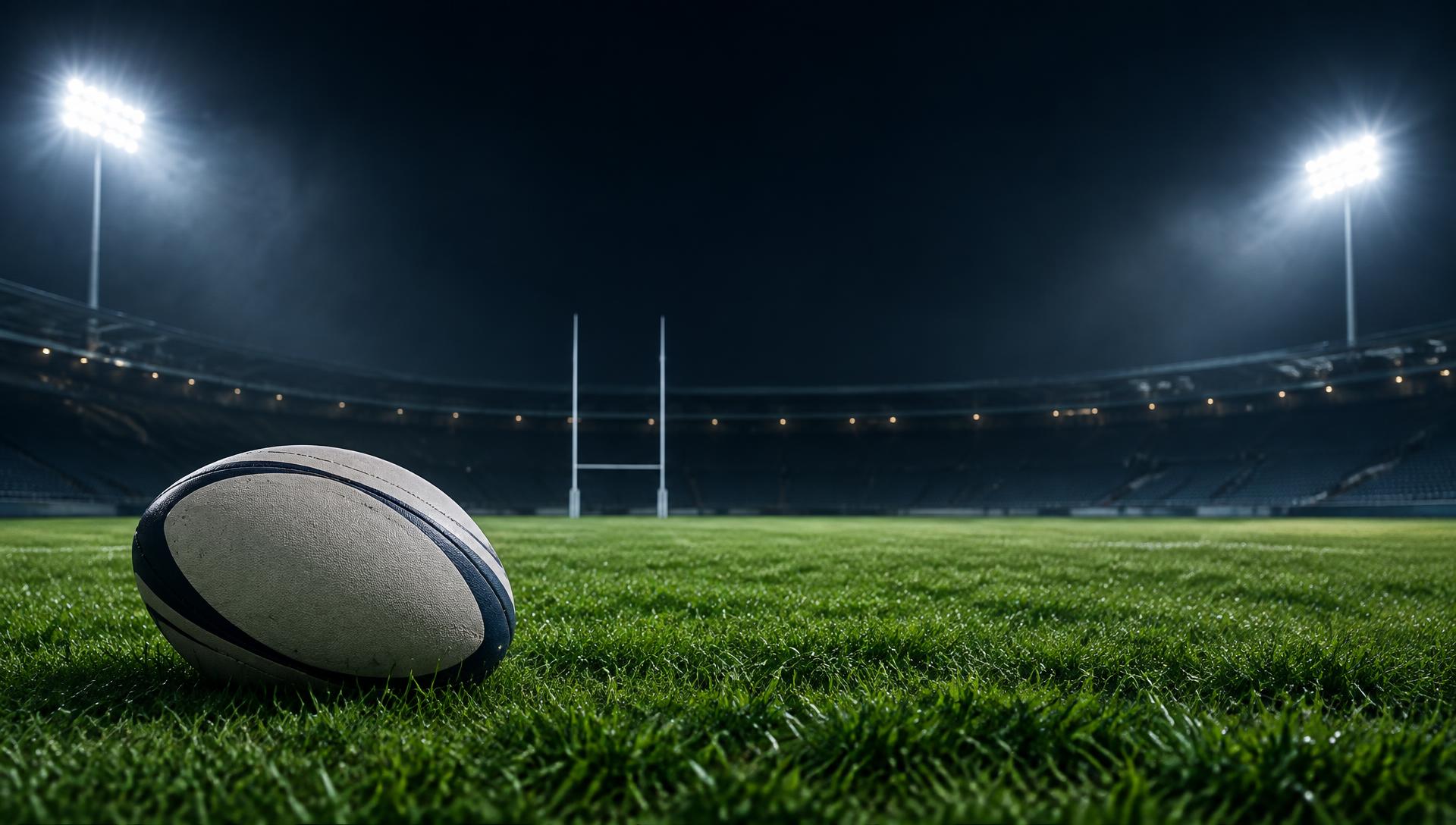 Ballon de rugby sur la pelouse d'un stade de nuit